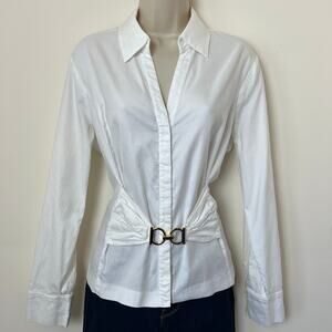 Jones New York White Low V Cotton Long Sleeve Shirt Gold Hardware Large